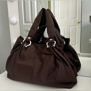 GAP Brown Nylon Shoulder Handbag With Silver Metal Accents Cherry Print Interior
